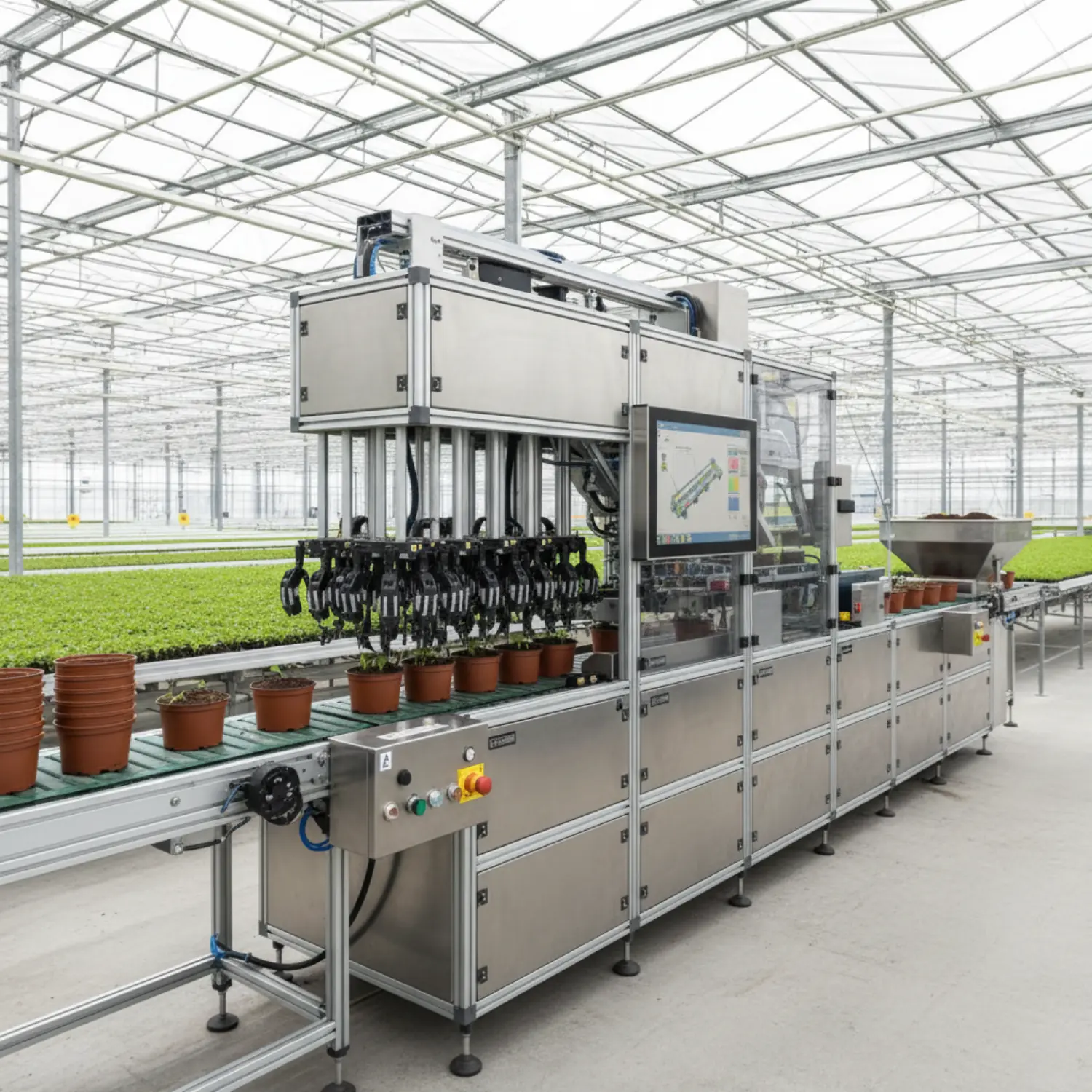 Automated transplanter system installed in an industrial greenhouse for high-throughput plant transplanting