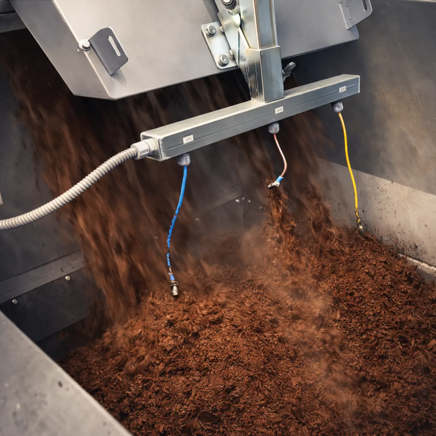 Close-up view of a bale breaker breaking compressed substrate into loose material during the processing stage.