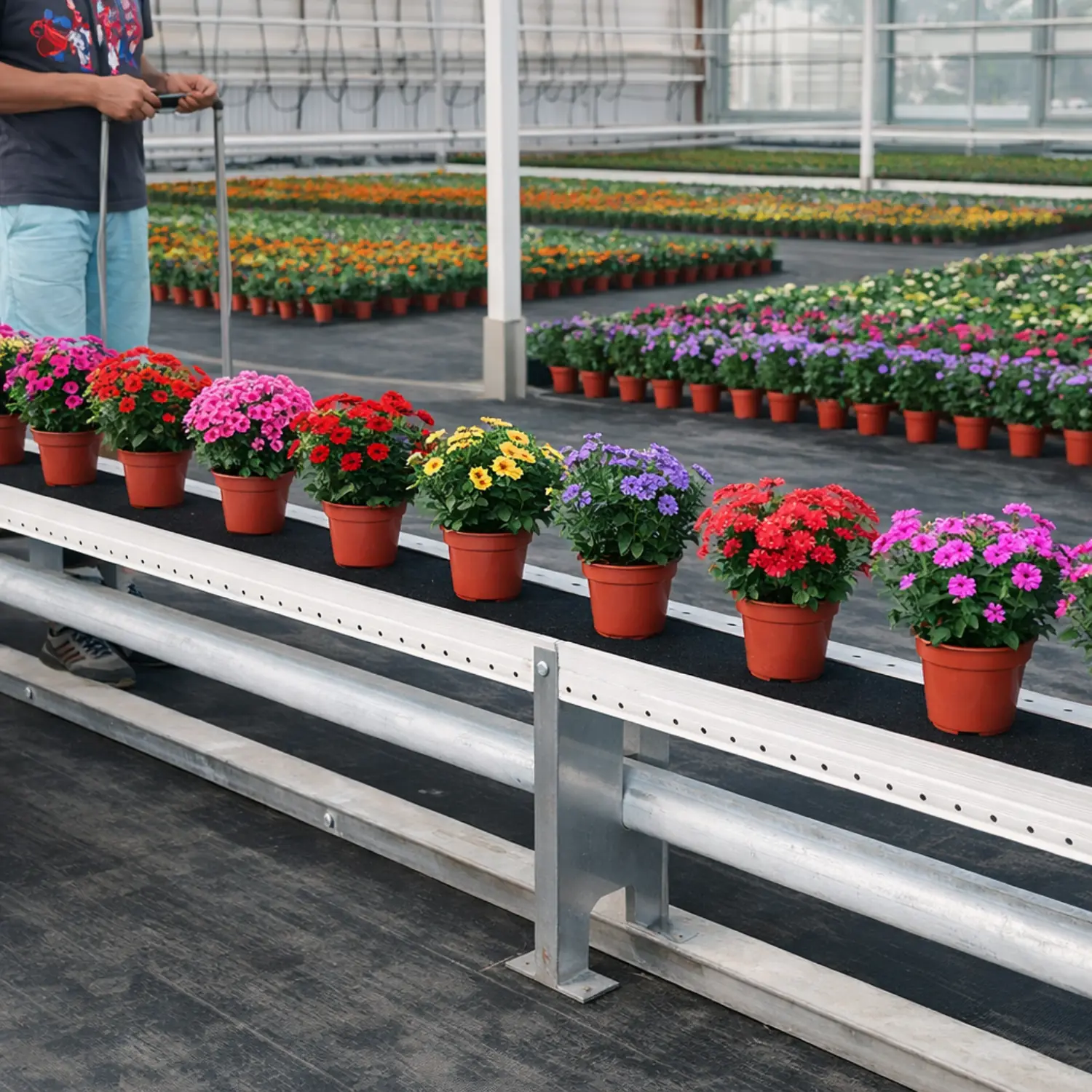 Flowers in pots moving on a conveyor belt inside a modern industrial greenhouse