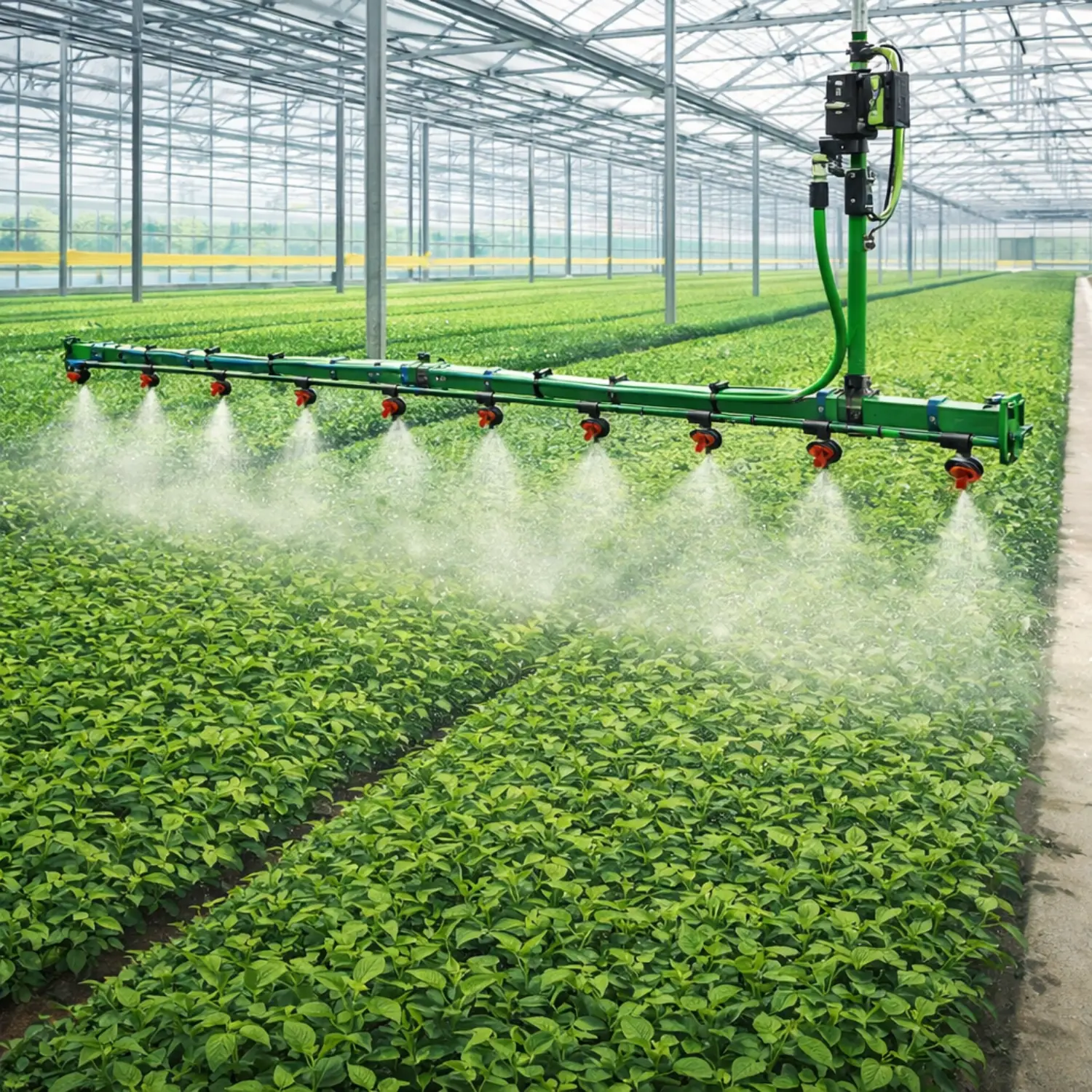 Close-up view of irrigation boom nozzles delivering fine water mist to plants inside a greenhouse.