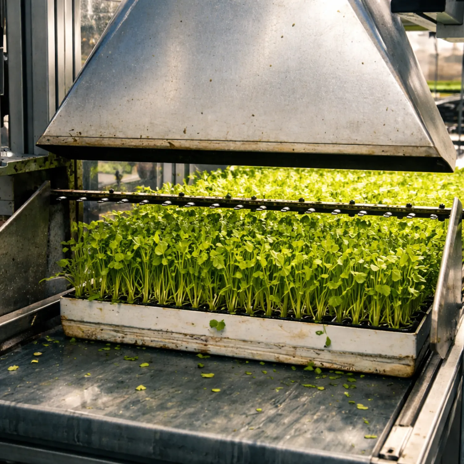 Close-up view of a plant topper cutting microgreens on a conveyor belt.