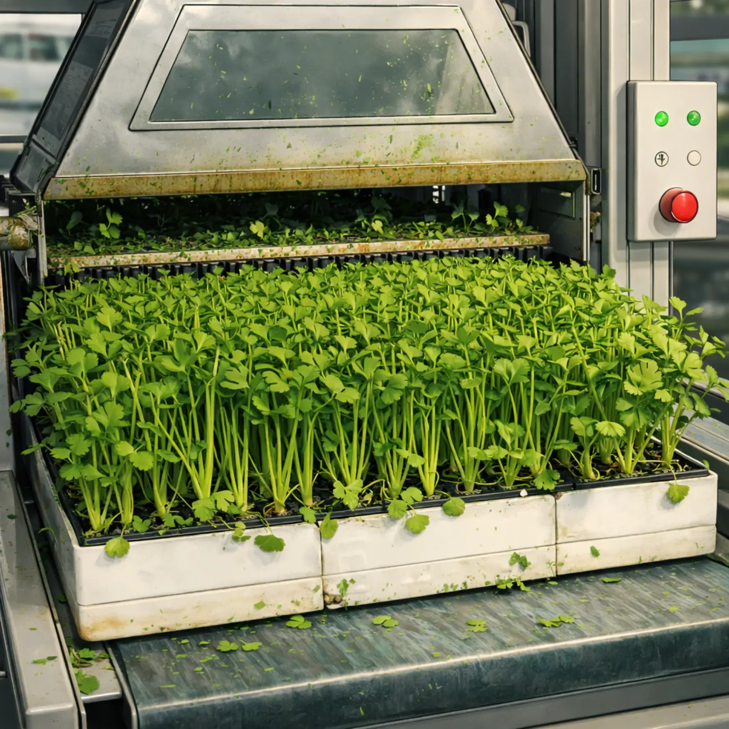 Plant cutter machine trimming plants automatically during processing.